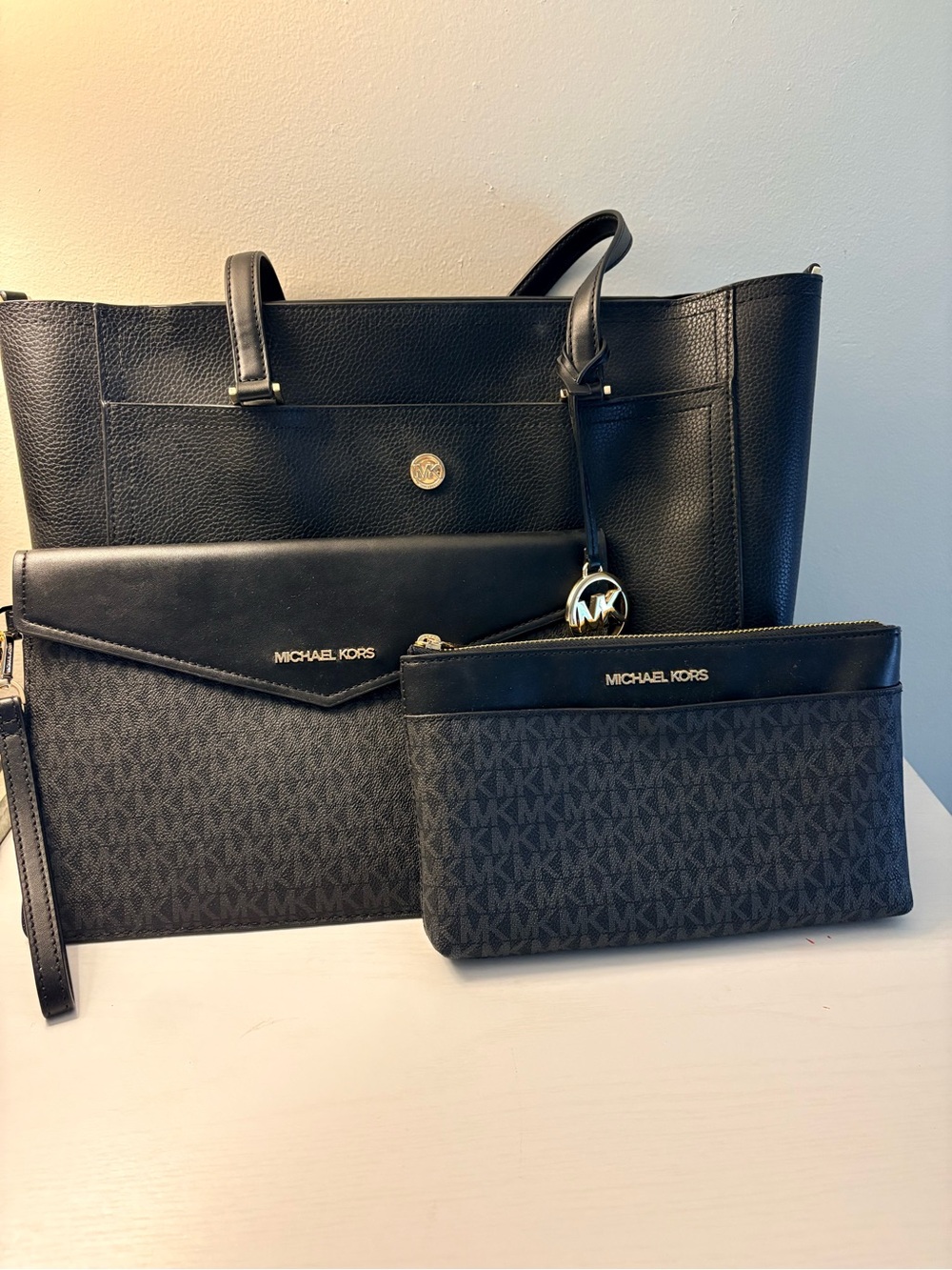 Michael Kors Black Triple-Set Tote with Matching Wristlet & Zip Pouch